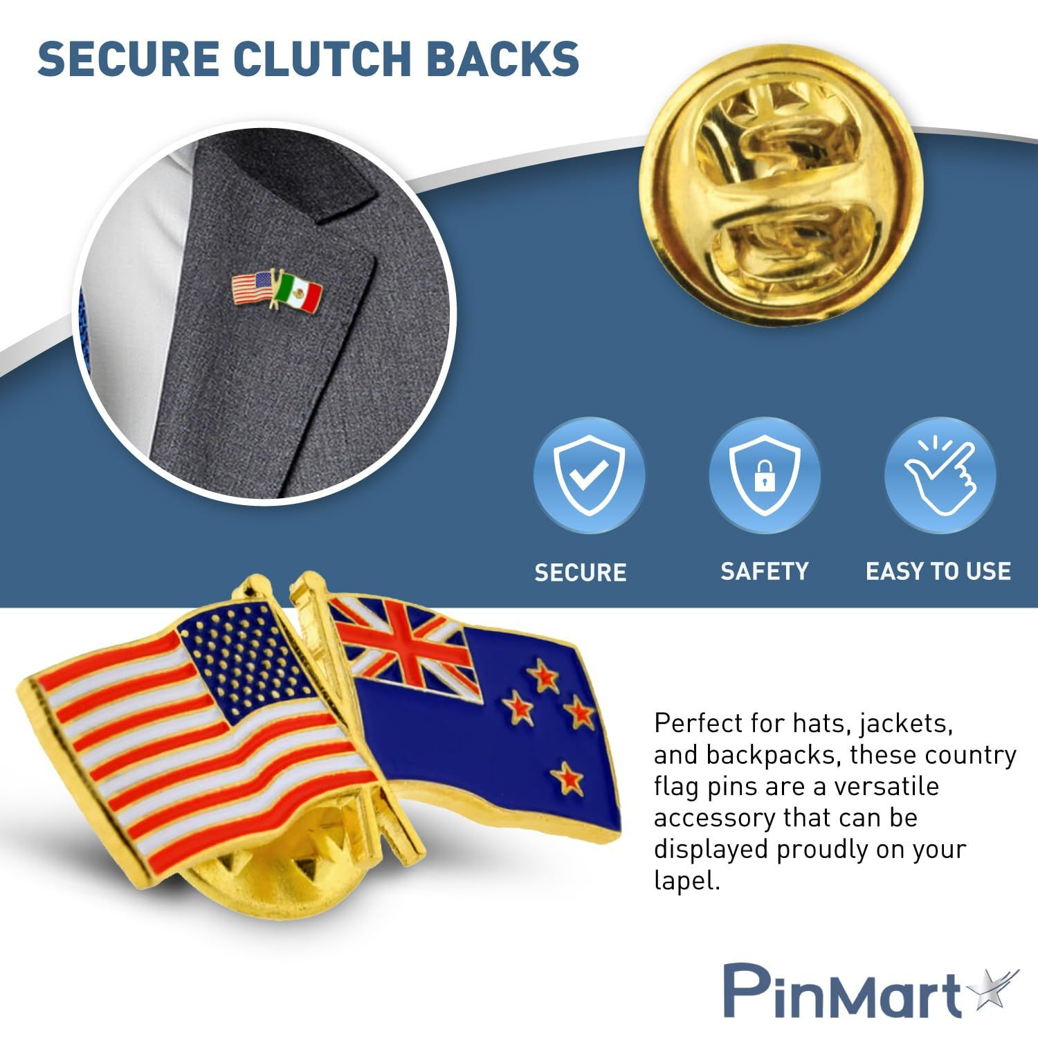PinMart Crossed American Flag Lapel 1 Piece, United Kingdom Gold-Color Plated