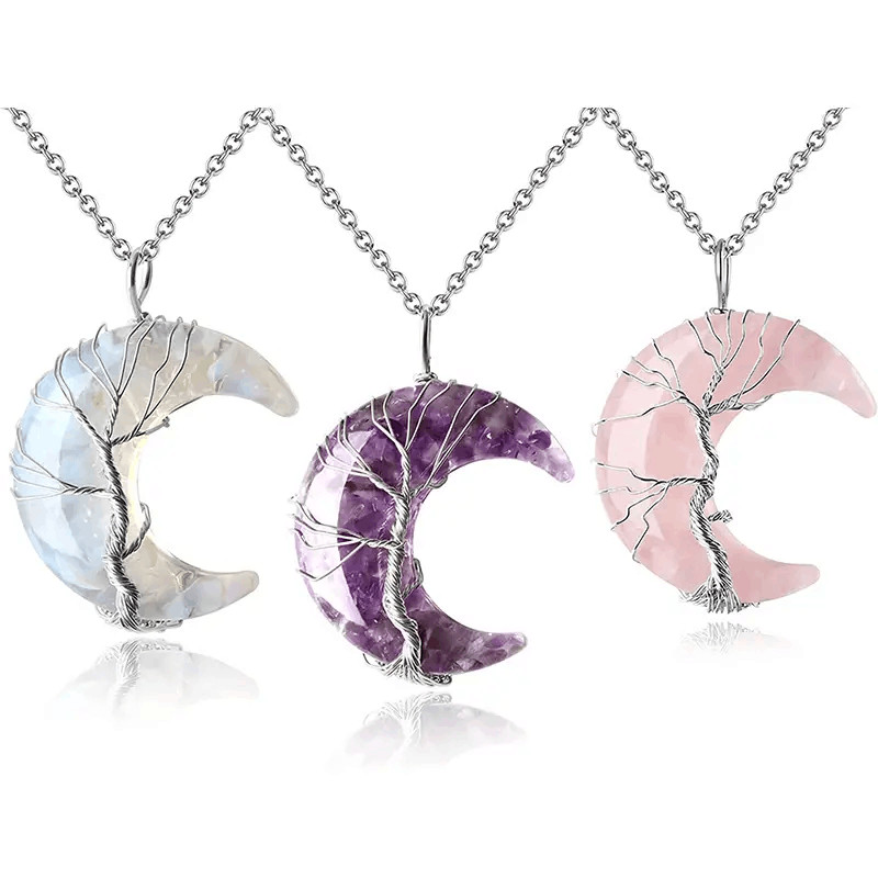 7 Chakra Healing Crystal Necklace Tree of Life Moon Stone Pendant Universal Gift
