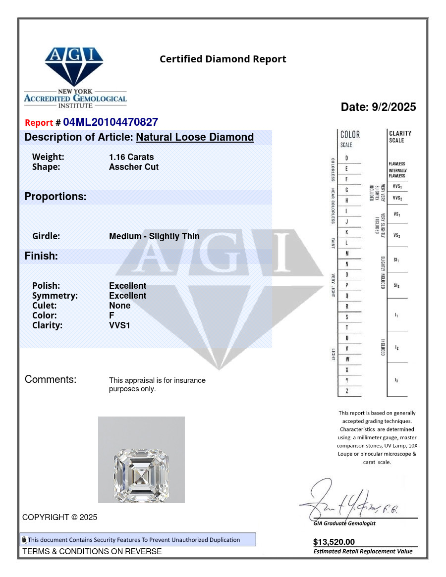 Natural Mined Diamond 1.16 CT Cert. AGI Asscher Cut Loose F color VVS1 clarity