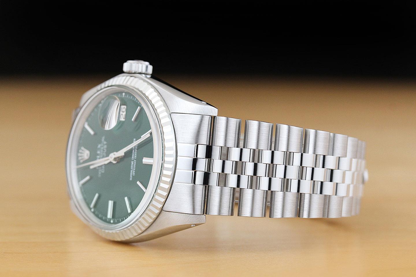 ROLEX MENS DATEJUST GREEN DIAL 18K WHITE GOLD STEEL WATCH w/ JUBILEE BRACELET