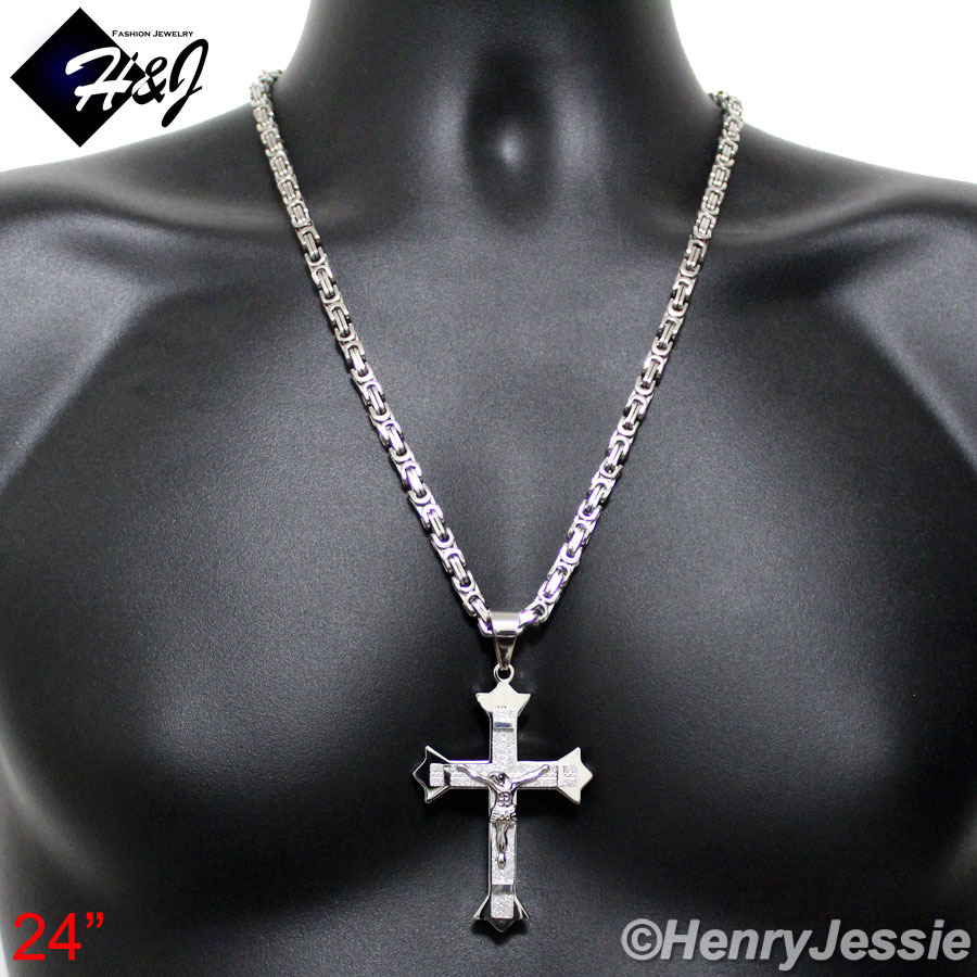 24″MEN Stainless Steel 6mm Silver Byzantine Box Chain Necklace Cross Pendant*J28