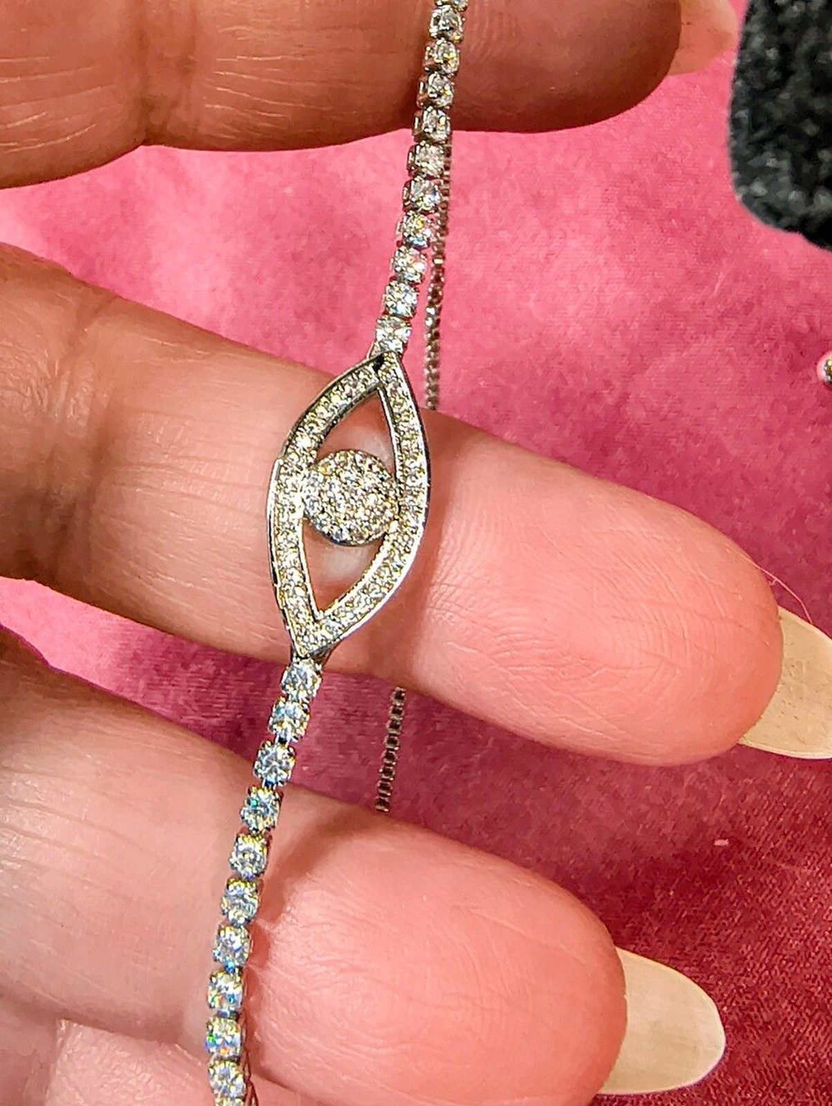 Evil Eye CZ Tennis Bracelet Rhodium Plated Stainless Steel Bolo Slider New