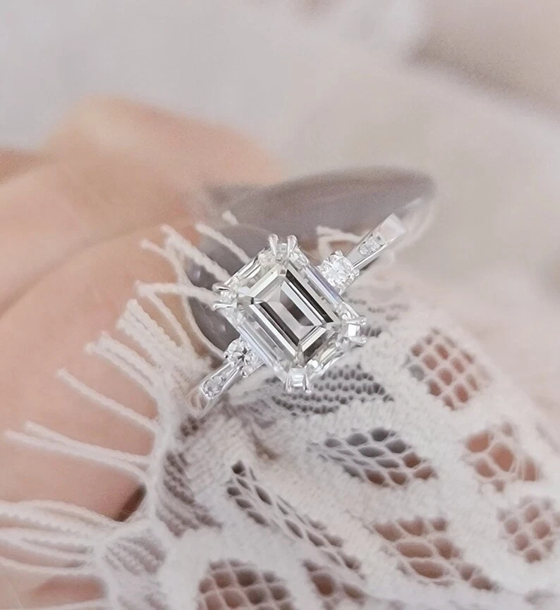 3Ct Emerald-Cut Lab Created Solitaire Engagement Ring 14K White Gold Plated