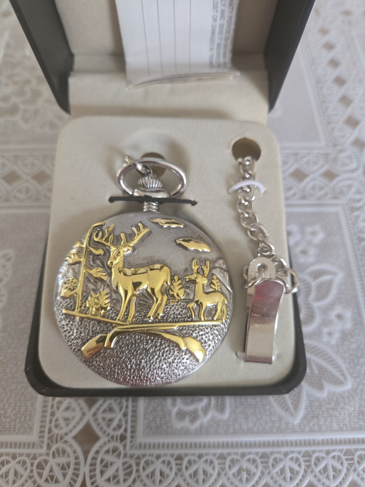 MZ Berger Two Toned Siler &Gold Hunting Dear Pocket Watch Quartz See Pics W/Box