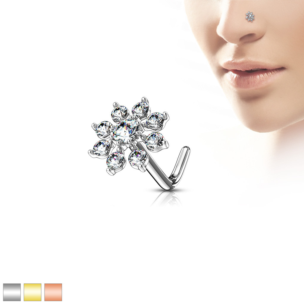 1pc CZ Gem Flower Starburst L-Bend Nose Ring Stud Screw 316L Surgical Steel