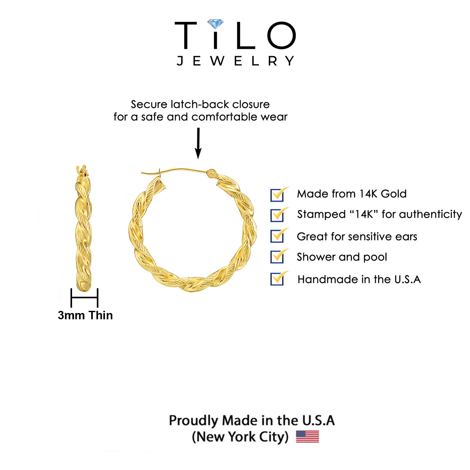 14K Real Solid Yellow Gold Twisted Rope Diamond-Cut Round Chunky Hoop Earrings