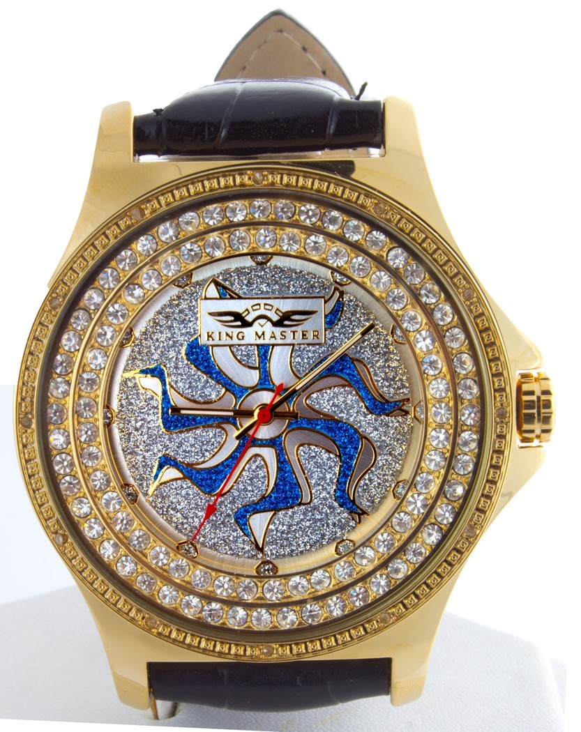 King Master Gold-tone Steel Case Diamond Bezel Men’s Leather Band Watch 124M-L3