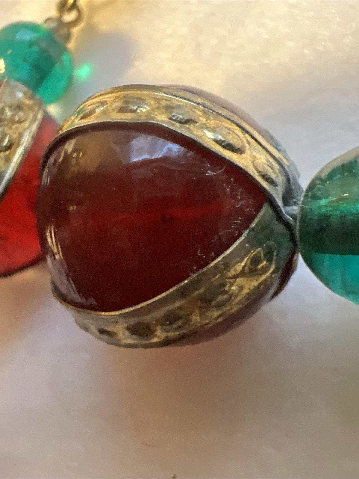 Vtg Egyptian Rev. Gripoix Poured Glass Brass Gold Red Green Runway Clip Earrings