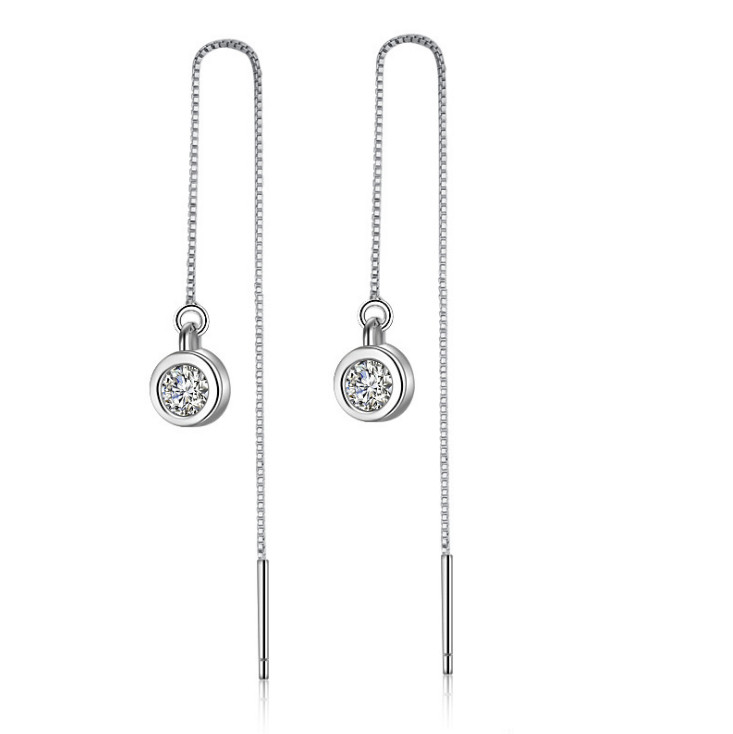925 Sterling Silver Plated Tassel Threader Round CZ Dangle Drop Earrings I17