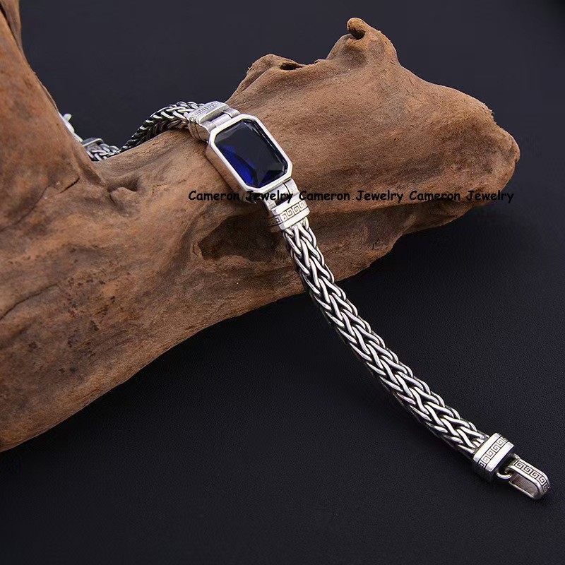 Pure S925 Sterling Silver Braided Wheat Bracelet With Blue Sapphire 7.1-8.7inch