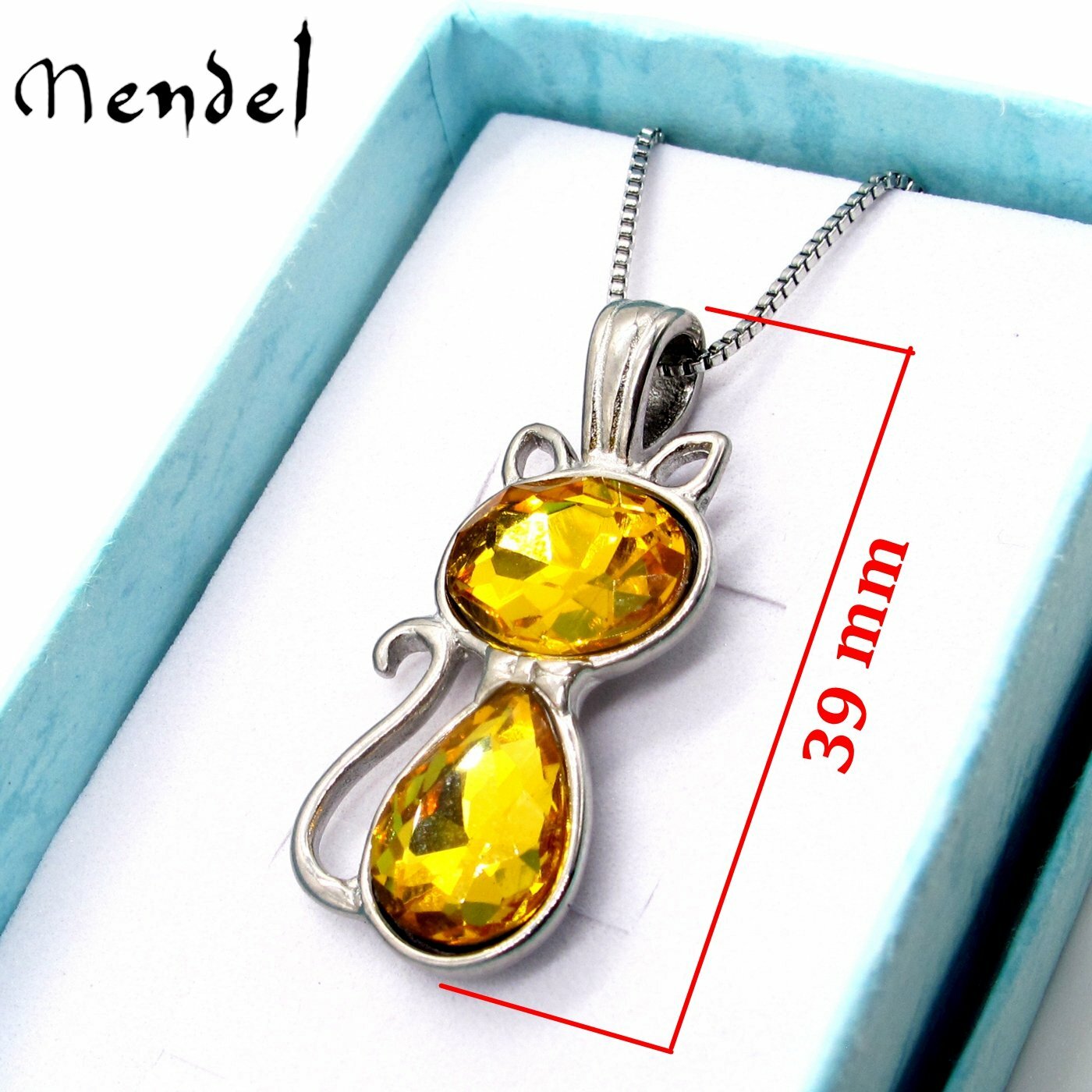 MENDEL Cute Girls Women Faux Yellow Citrine Lucky Kitty Cat Pendant Necklace Set