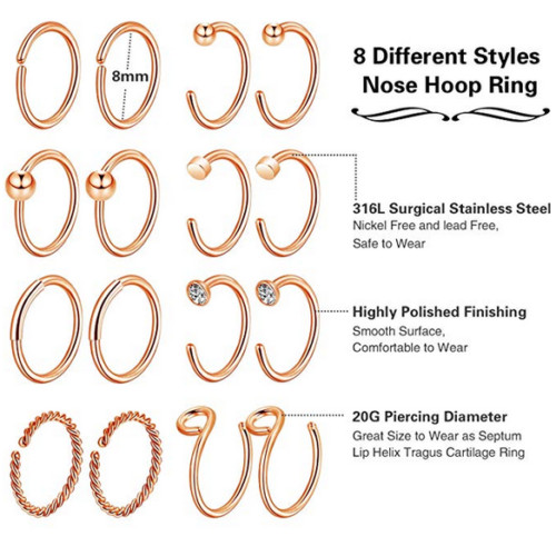 32PCS Nose Hoop Rings Bone Studs Pin 20G Surgical Steel Piercing Jewelry Set USA