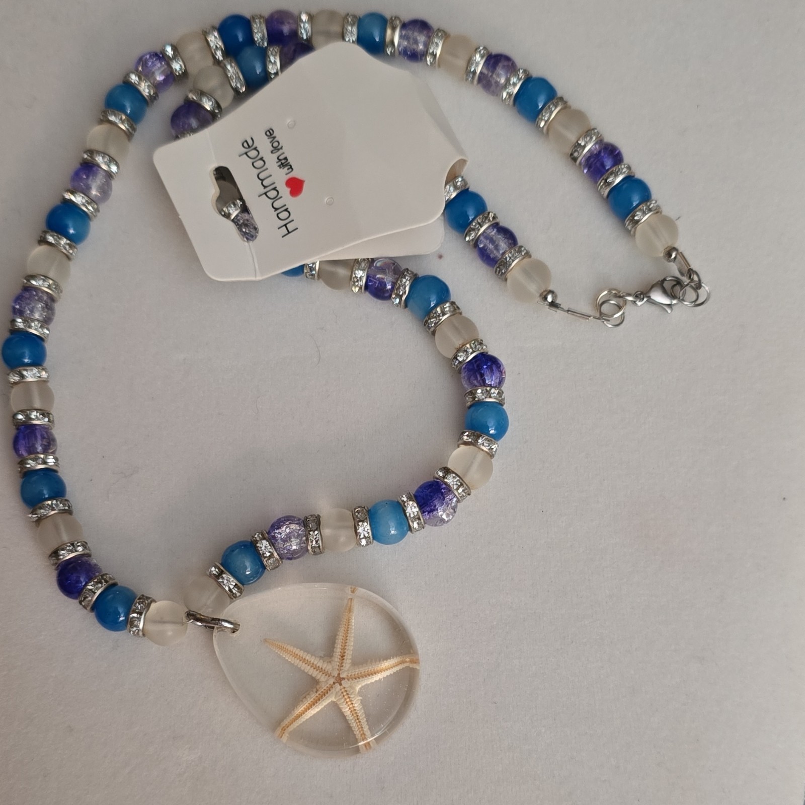 Handcrafted Resin Starfish Pendant Necklace, Glass Beads, Blue Purple White