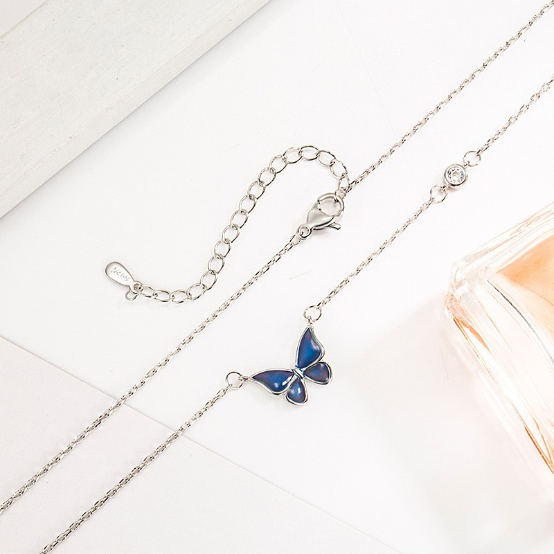 18K White Gold Plated CZ Blue Enamel Butterfly Silver Necklace Color Changing B2