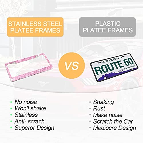 Bling Car License Plate Frame, Handcrafted Crystal Stainless Steel, 1PCS Pink