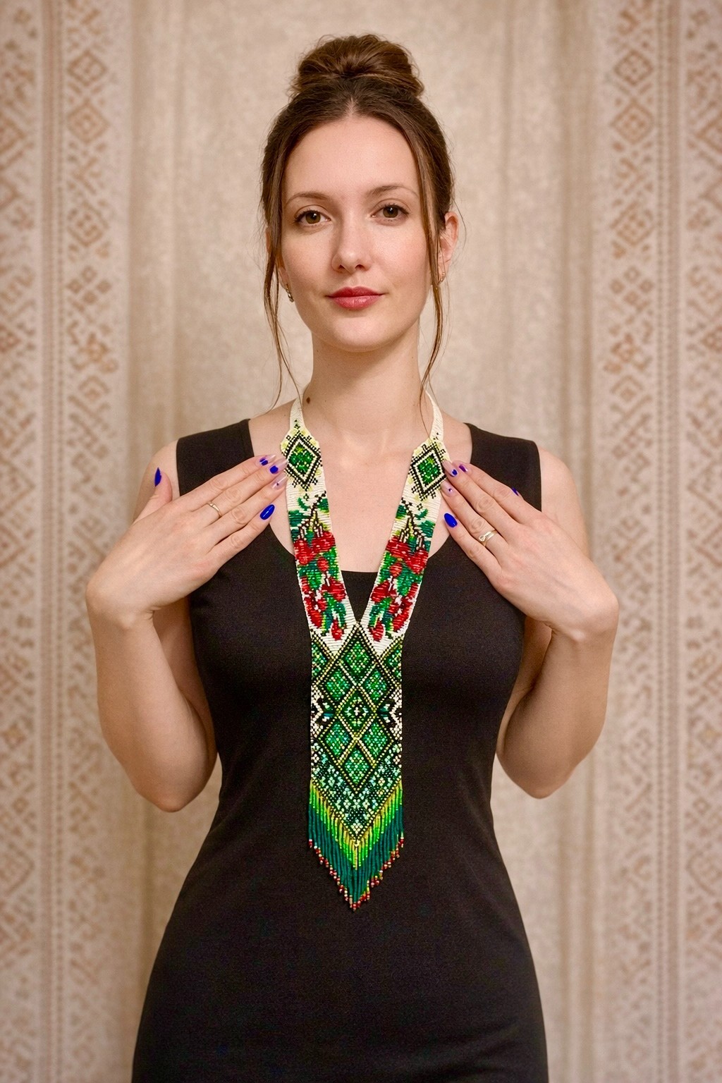 Ukrainian Handmade Beaded Gerdan Necklace Green Folk Boho Jewelry Gift Her