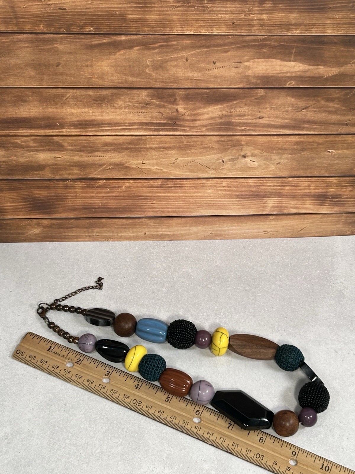 Vintage Unique Chunky Beaded Necklace Yellow Blue Brown 18″ Retro MCM Casual
