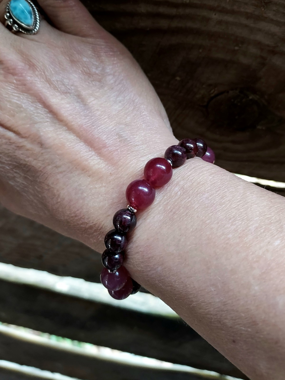 Red Garnet Gem Bead Bracelet With Dark Pink Strawberry Quartz Stretchy 6.75″