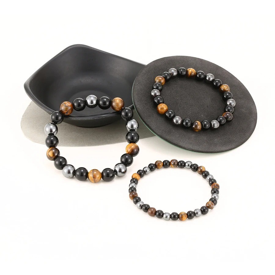 Triple Protection Bracelet 8mm Tiger Eye Obsidian Hematite Crystal Gemstone Bead