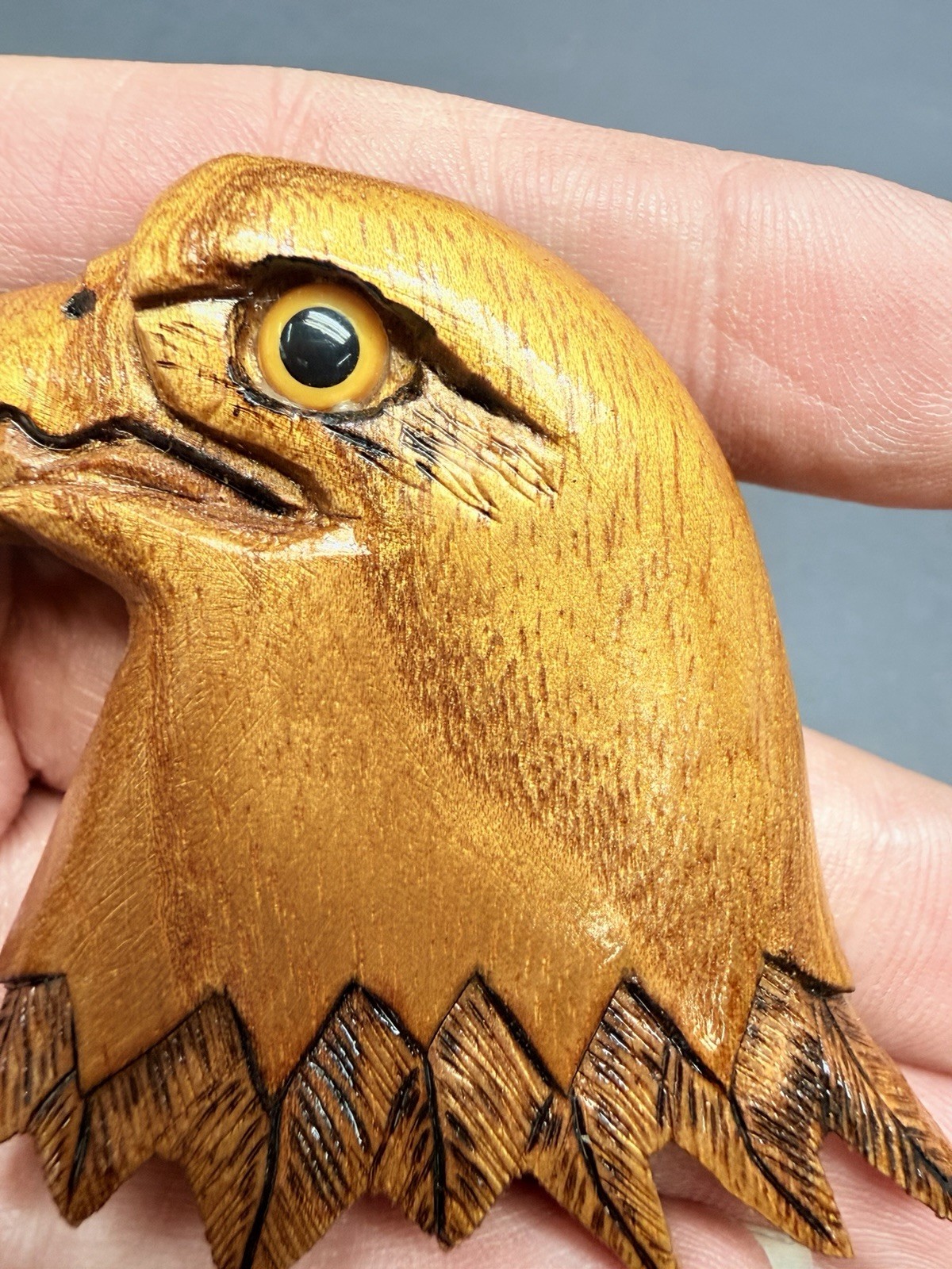 Carved Eagle Head Brooch Pin Signed Very Neat Looking