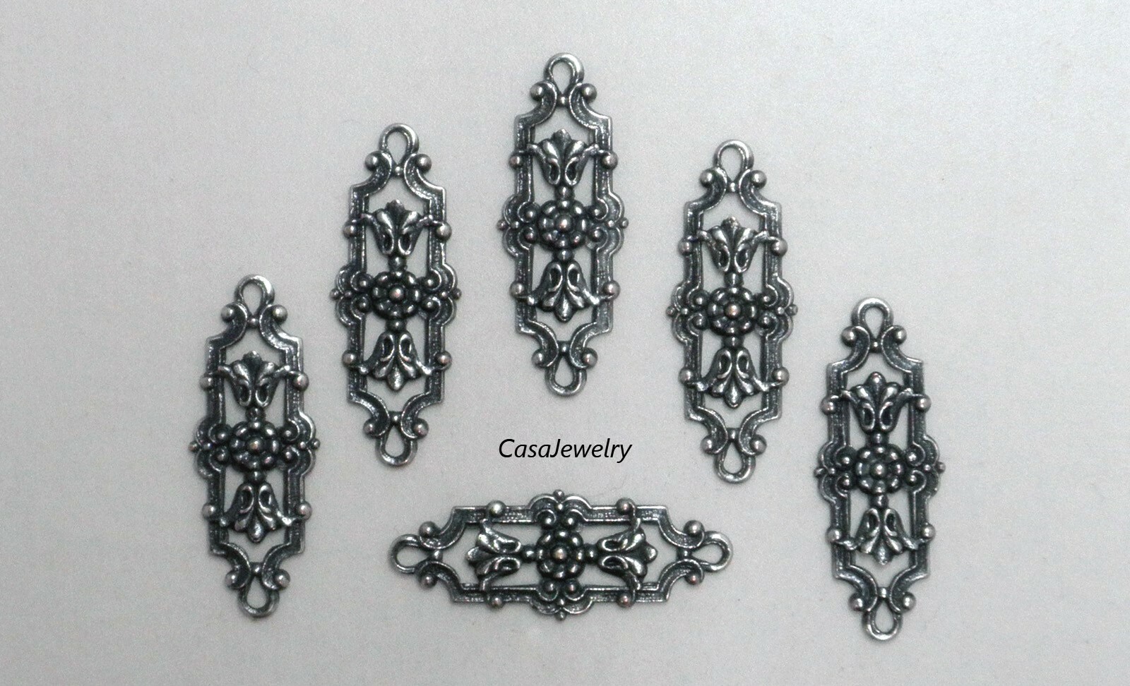 #3454 ANTIQUED STERLING SILVER PLATED FILIGREE & FLORAL 2-RING CONNECTOR – 12 Pc