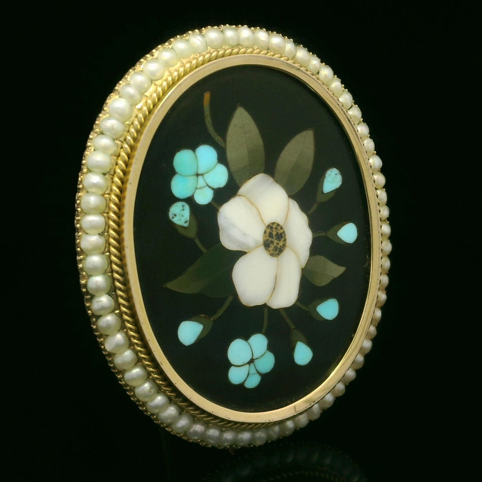 Vintage Solid Yellow Gold Pietra Dura Inlaid Floral Work Pearl Halo Pin Brooch