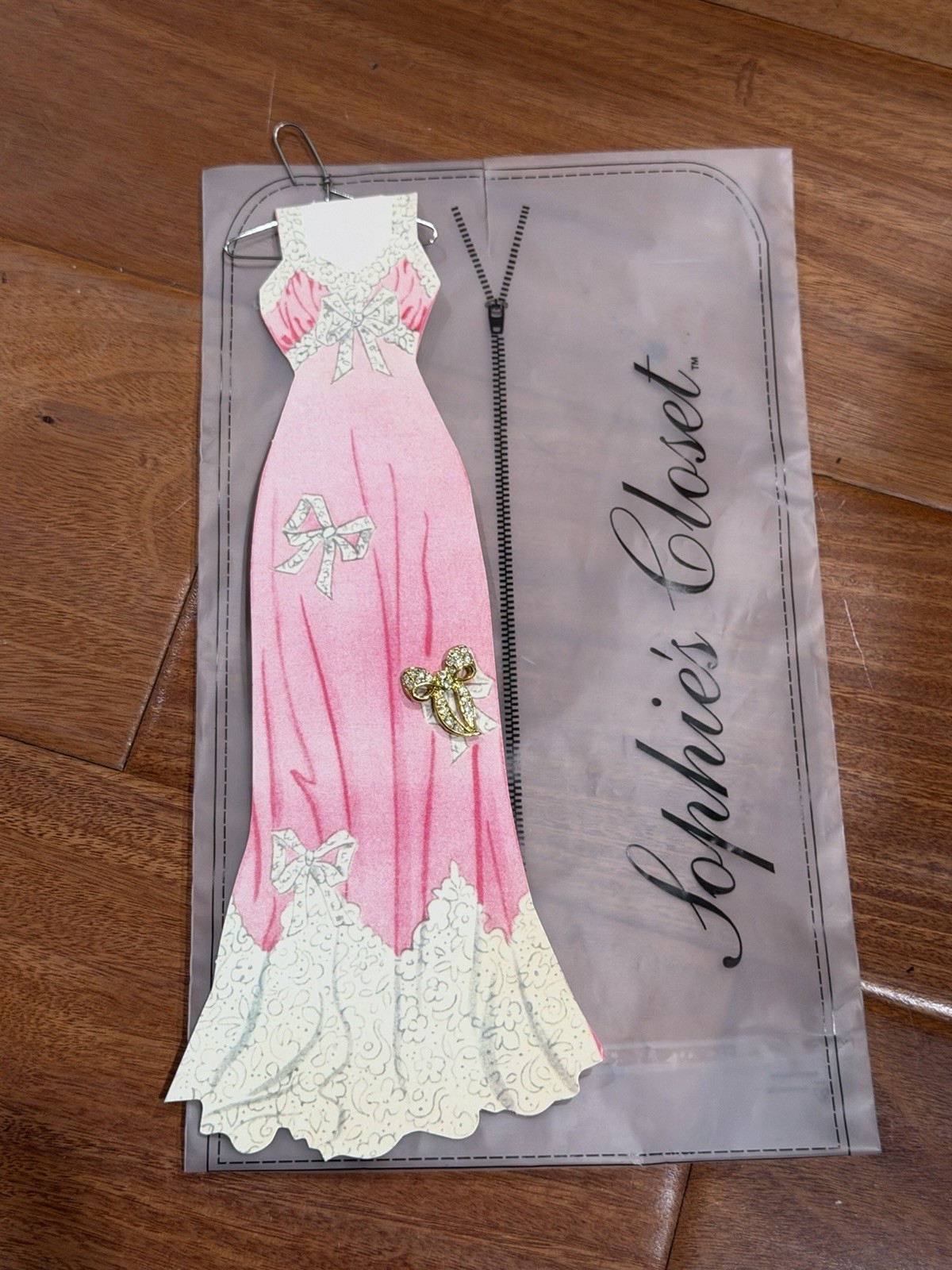 Sophie’s Closet Greeting Card Pink Gown With Gemmed Bow Pin Vintage