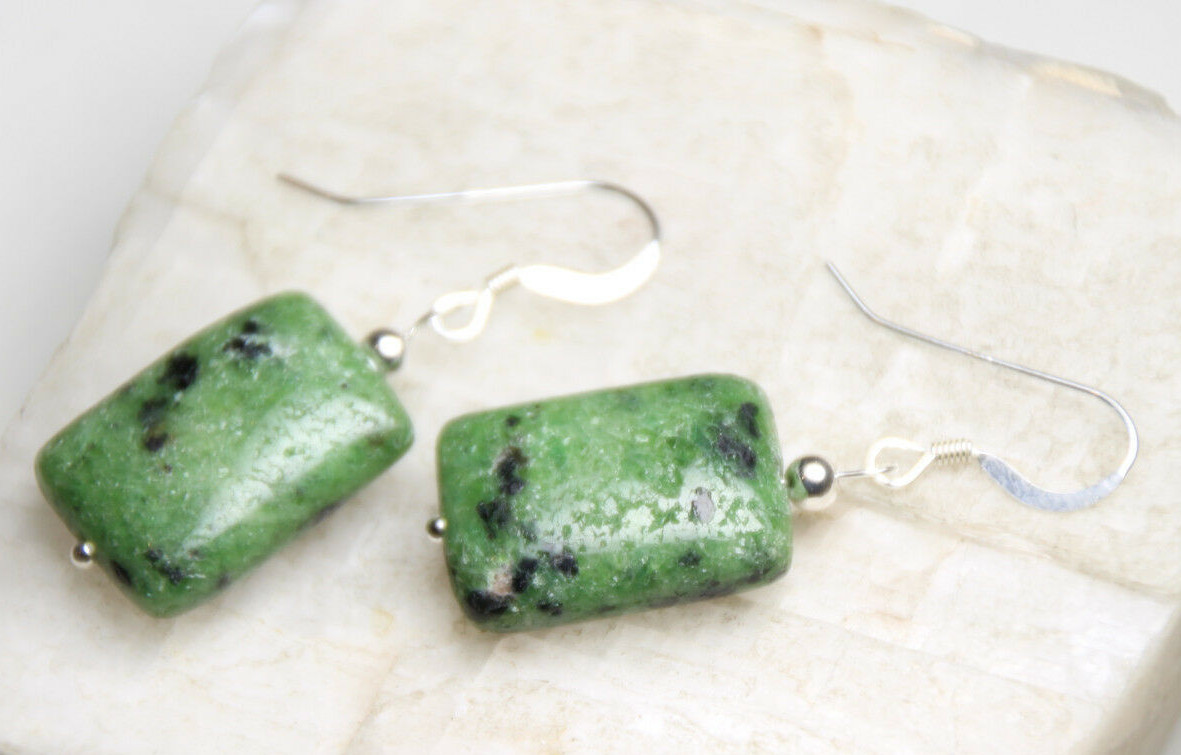 Ruby Zoisite Earrings Green 18mm Rectangle Gemstone .925 Sterling Silver 1.50″
