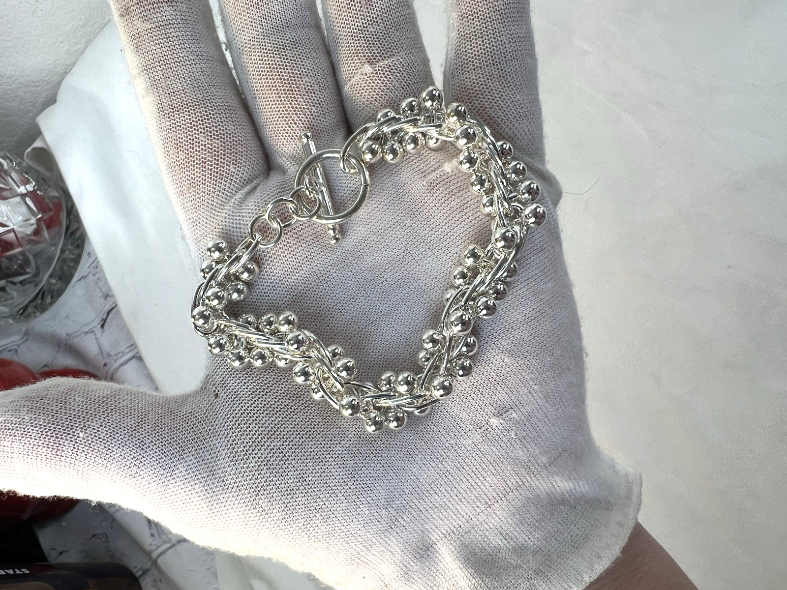 white copper silver tone DNA bracelet wears like sterling sz 7/8