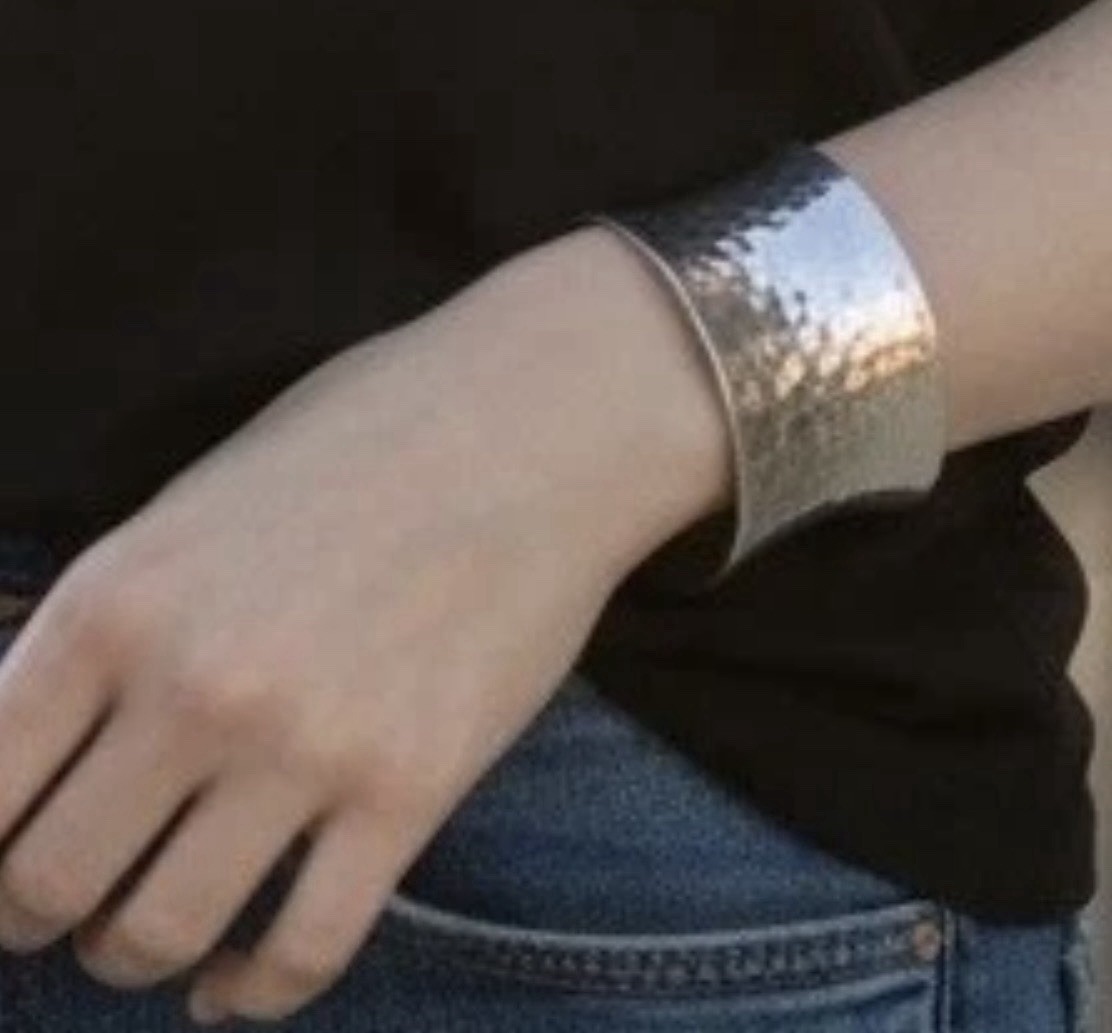 Wide Hammered Look Silver Tone Cuff Bracelet Artisan Sculptural Boho Statement