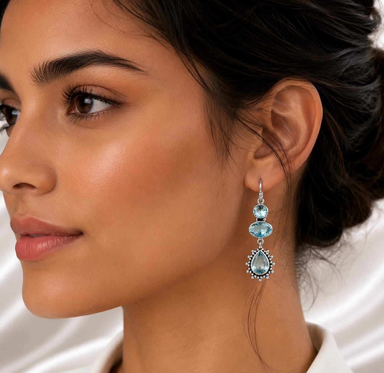 Sky Blue Topaz Gemstone 925 Sterling Silver Handmade Party Wear Earring For Gift