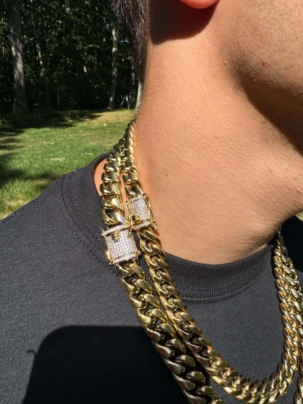Miami Cuban Link Chain W. 1ct CZ Iced Clasp 14k Yellow Gold Plated Stainless