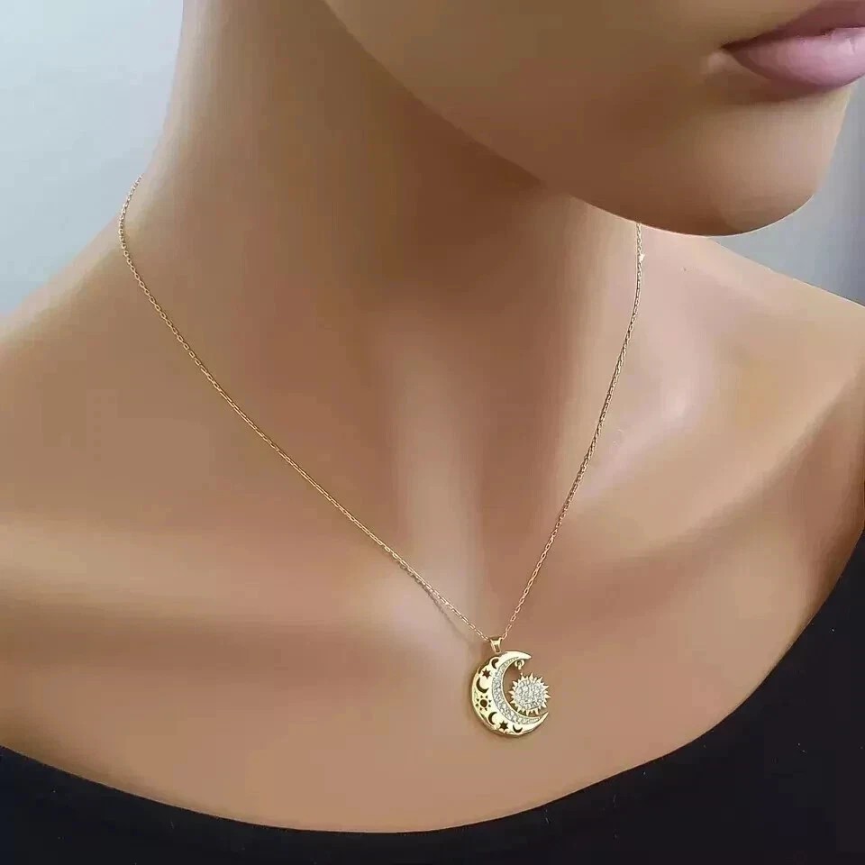 1.20Ct Round Cut Simulated Diamond Moon Sun Shape Pendant 14K Yellow Gold Plated