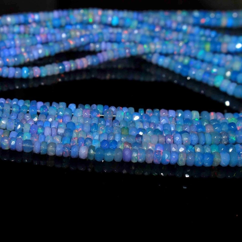 4-6mm Natural Blue Ethiopian Fire Opal Faceted Roundell Gemstone Beads 4 Inch