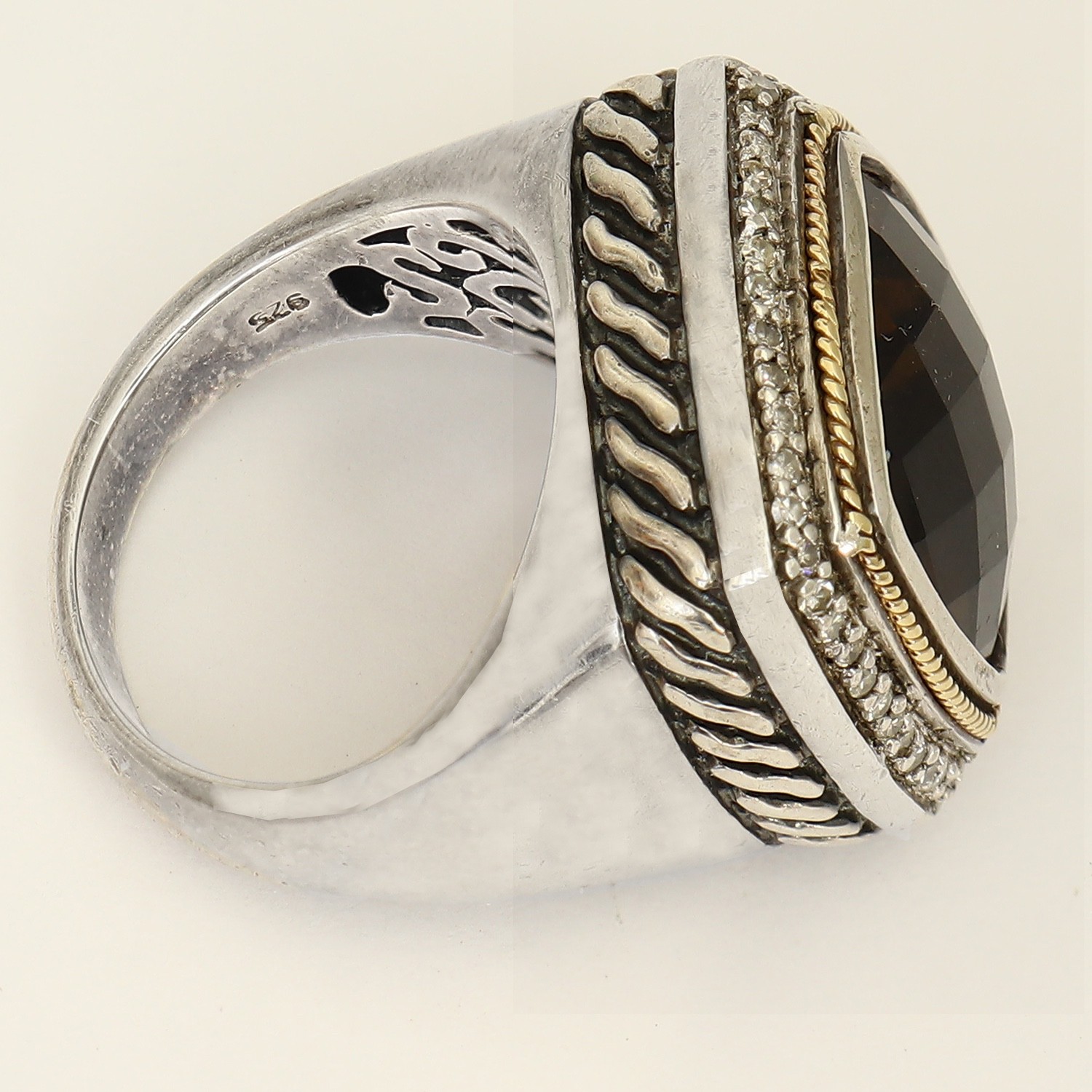 EFFY RING Diamond Sterling 925 Silver 18k Gold Smoky Quartz Balissima size 6