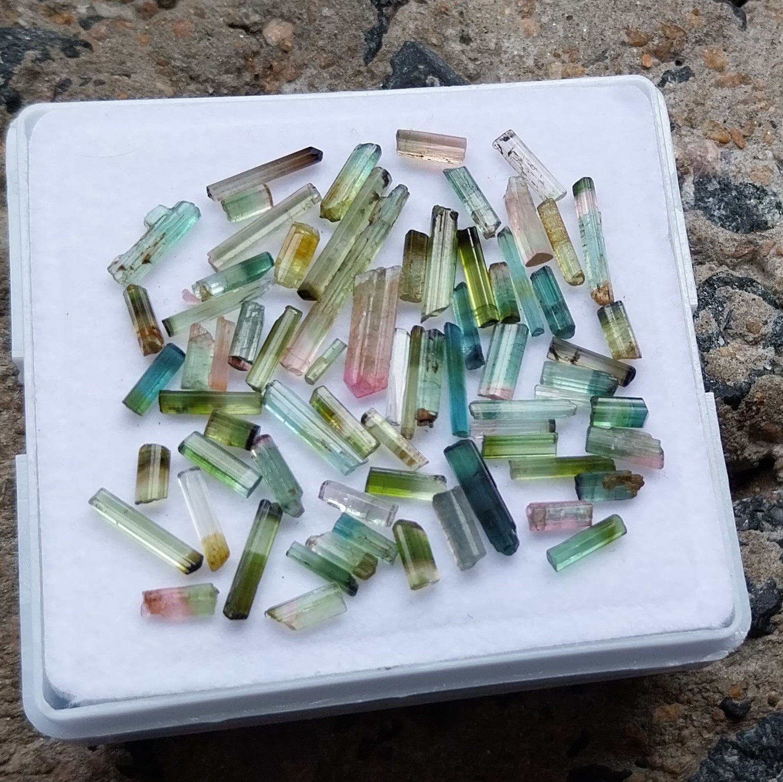 25.5 Carat 4.5 to 20 MM Natural Green Bi Color Tourmaline Pencil 70 Piece Lot