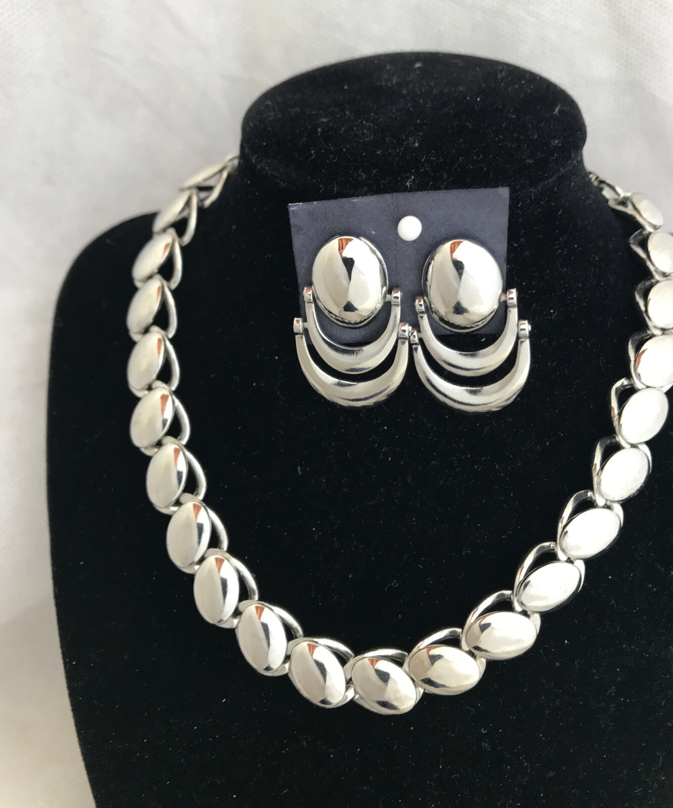 Vtg 1950-60s Shiny Choker Necklace Dangle Screw-back Earrings Cuban Chain Link