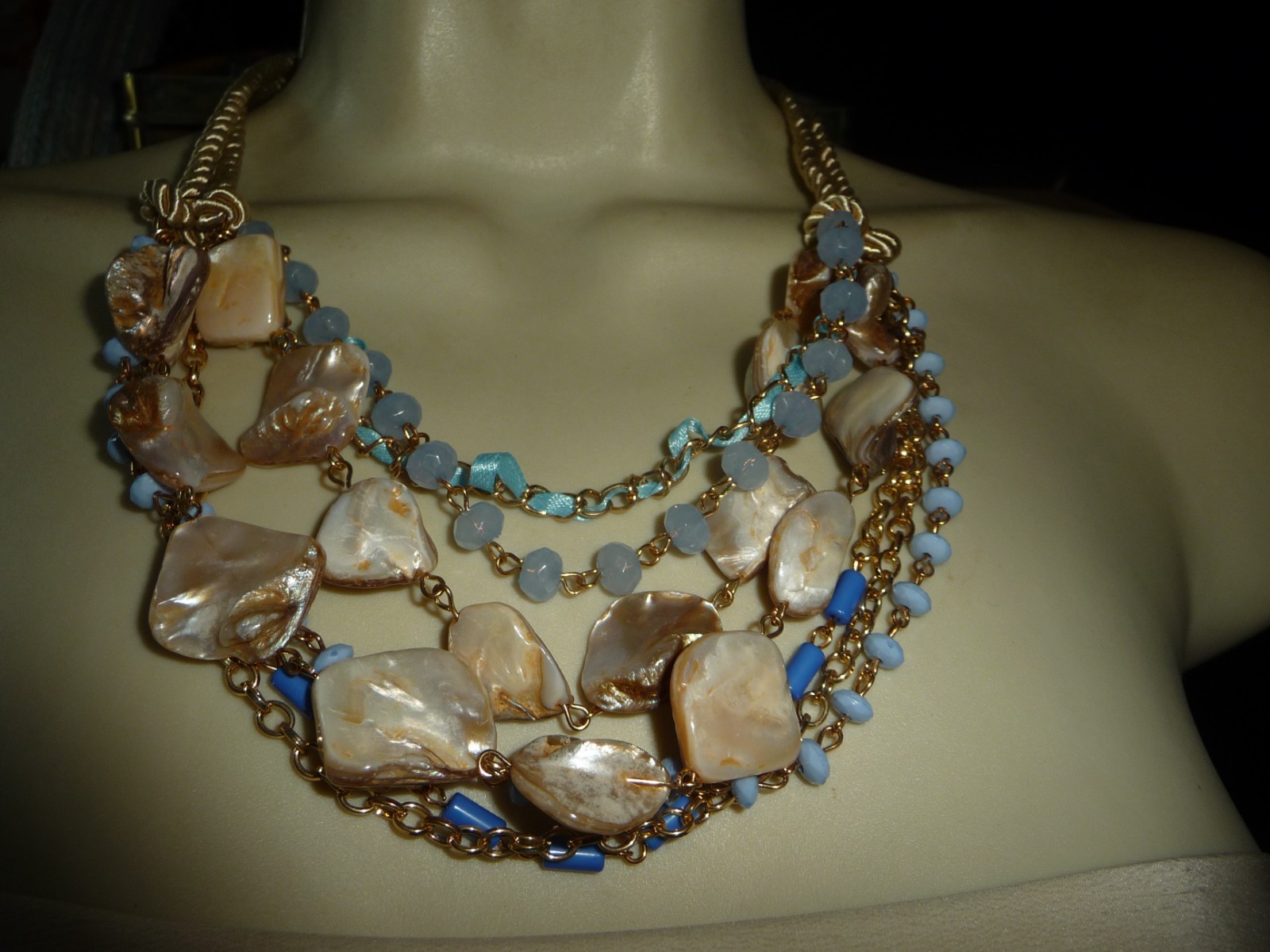 7 CHARMING SISTERS LAYERED MOP & BLUE BEADS IN WHITE CORD BIB NECKLACE #8/30