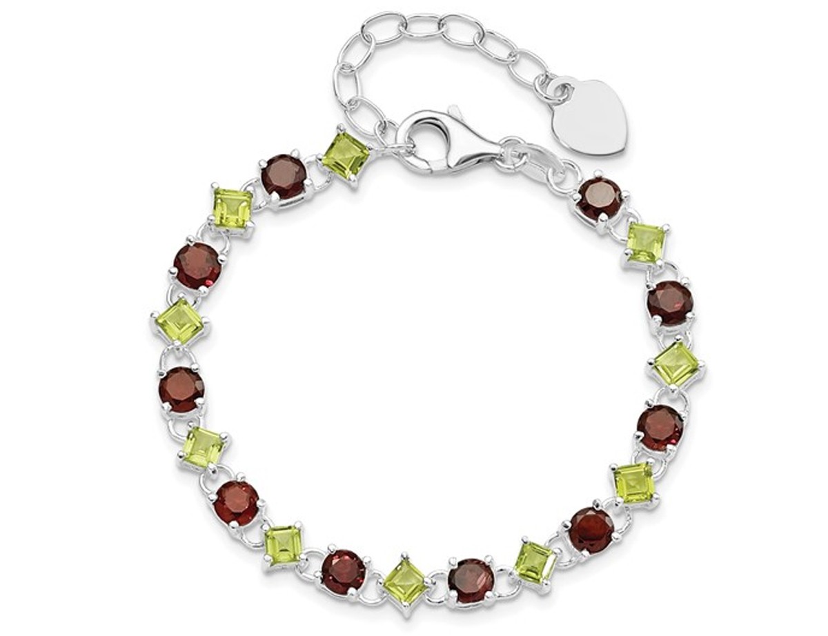 Green Peridot and Red Garnet Heart Bracelet in Sterling Silver