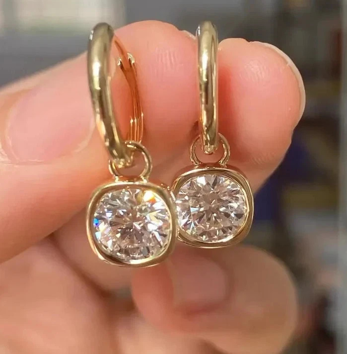 4 CT Round Lab Grown Diamond Wedding Drop Dangle Gift Earrings 14K Yellow Gold