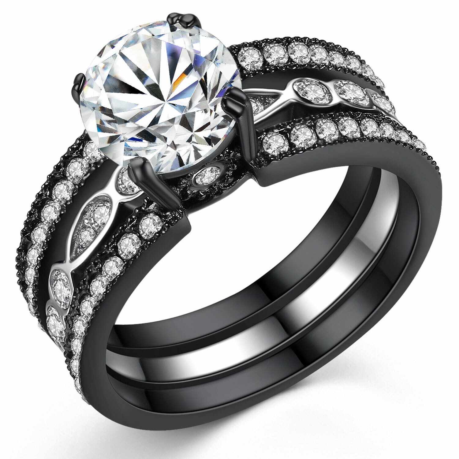 Women’s 2.18 Ct Black Stainless Round CZ Bridal Engagement Wedding Ring Set
