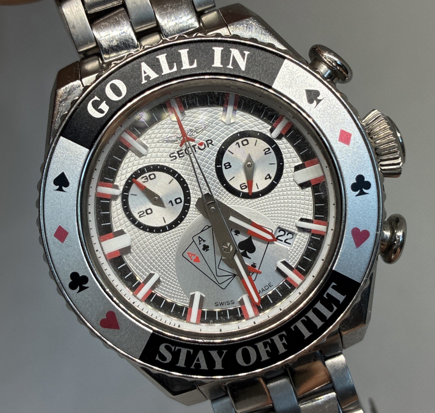 Sector Poker Watch “Go All In” Swiss Made Chronograph Men’s Quartz – WORKING!