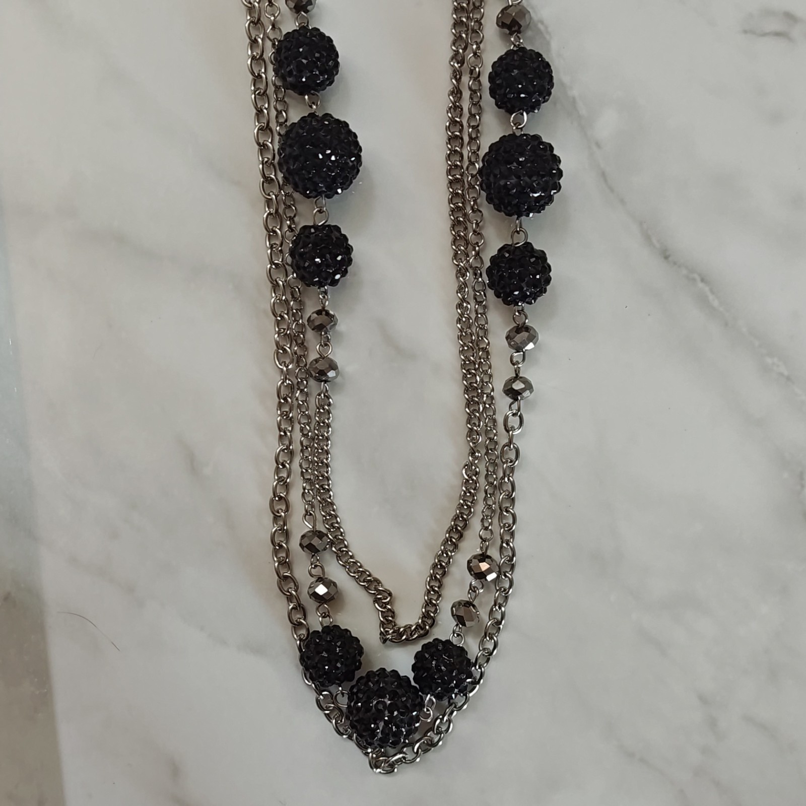 Silver Tone Layered Oval Link Chain Necklace Black Crystal Stations Adj Lobster