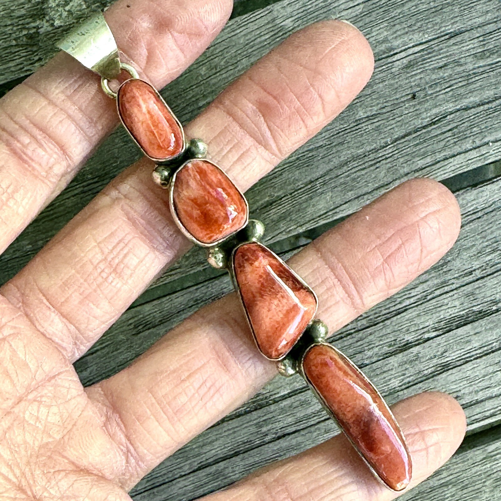 Long Navajo Pendant Red Spiny Oyster 3.75in Sterling Signed Juanita Turquoise