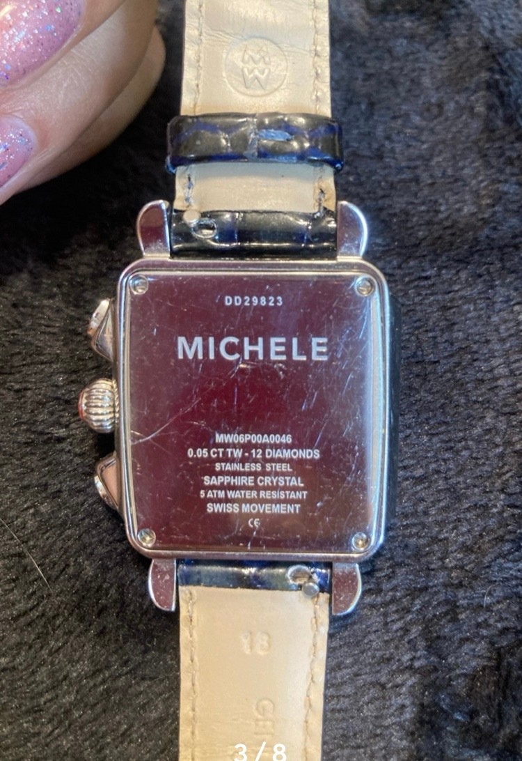 MICHELE Deco Chronograph Women’s Watch 33mm White MOP Diamond Dial Swiss Quartz