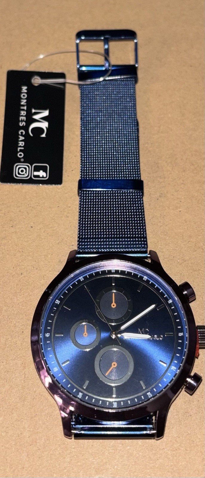 Montres Carlo Men’s Chronograph Blue Metal Band Stainless Steel Wristwatch