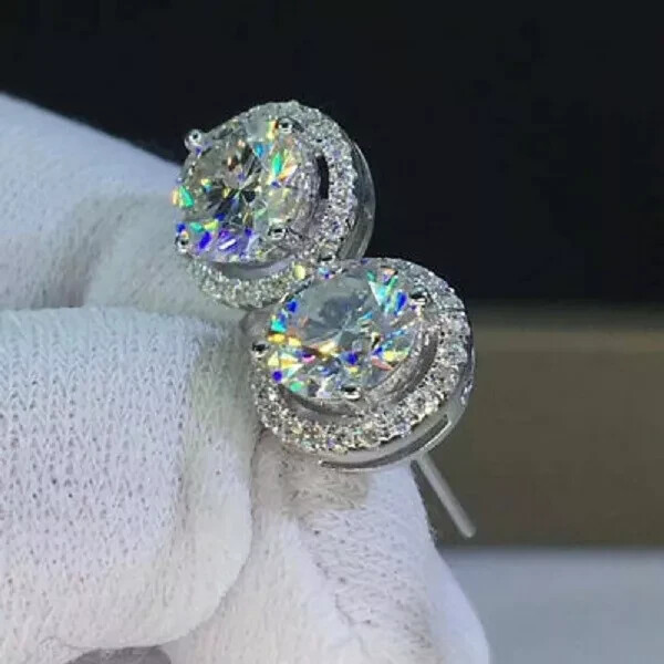 4.20Ct Lab Created Diamond Push Back Halo Stud Earrings 14K White Gold Finish