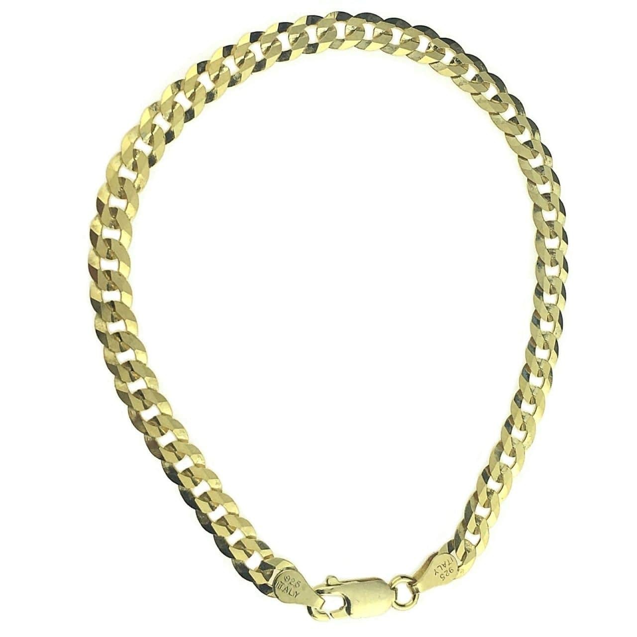 14K Gold Plated On Solid 925 Sterling Silver Bracelet Flat Cuban Link 7.5″ 5MM