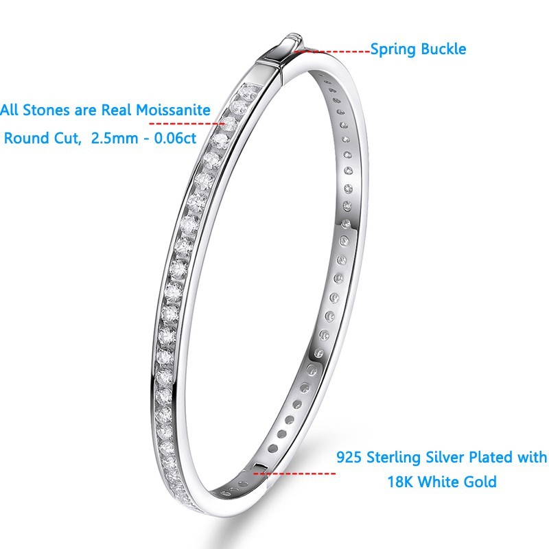 Full 2.5mm D/VVS1 Real Moissanite Bangle Bracelet Women’s 18K White Gold Plated