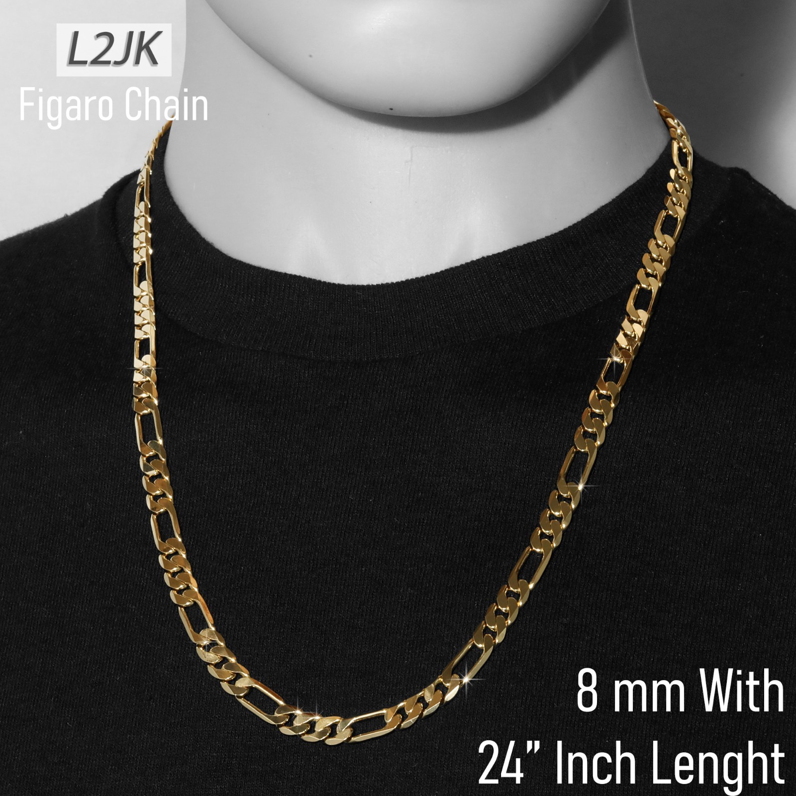 Italy Figaro Chain Link 14K Gold Plated 8mm 24″ Hip Hop Fashion For Men’ & Women